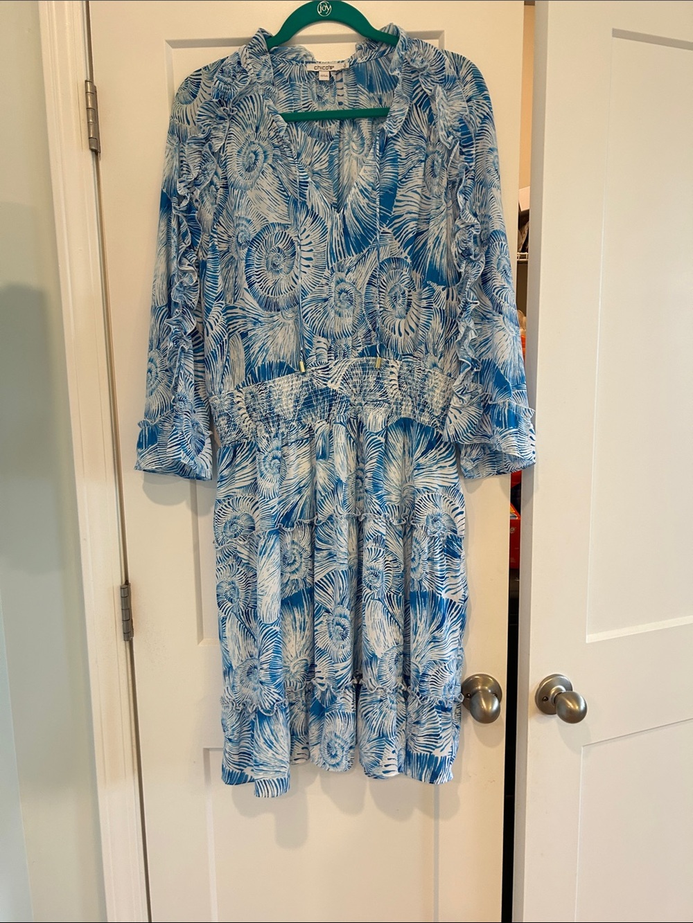 Chico's Blue and White Printed Midi Dress Size 12in Chicos Brand New !!!